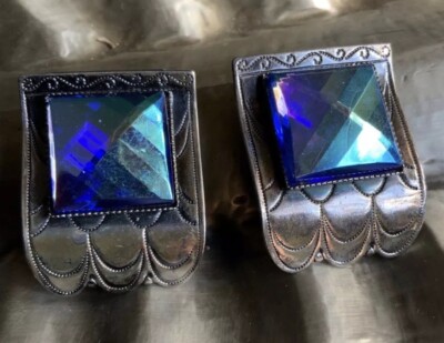 Vintage Ohrclips Ermani Bulatti  Designer Art Deco Rechteckig Blau Stein Silber