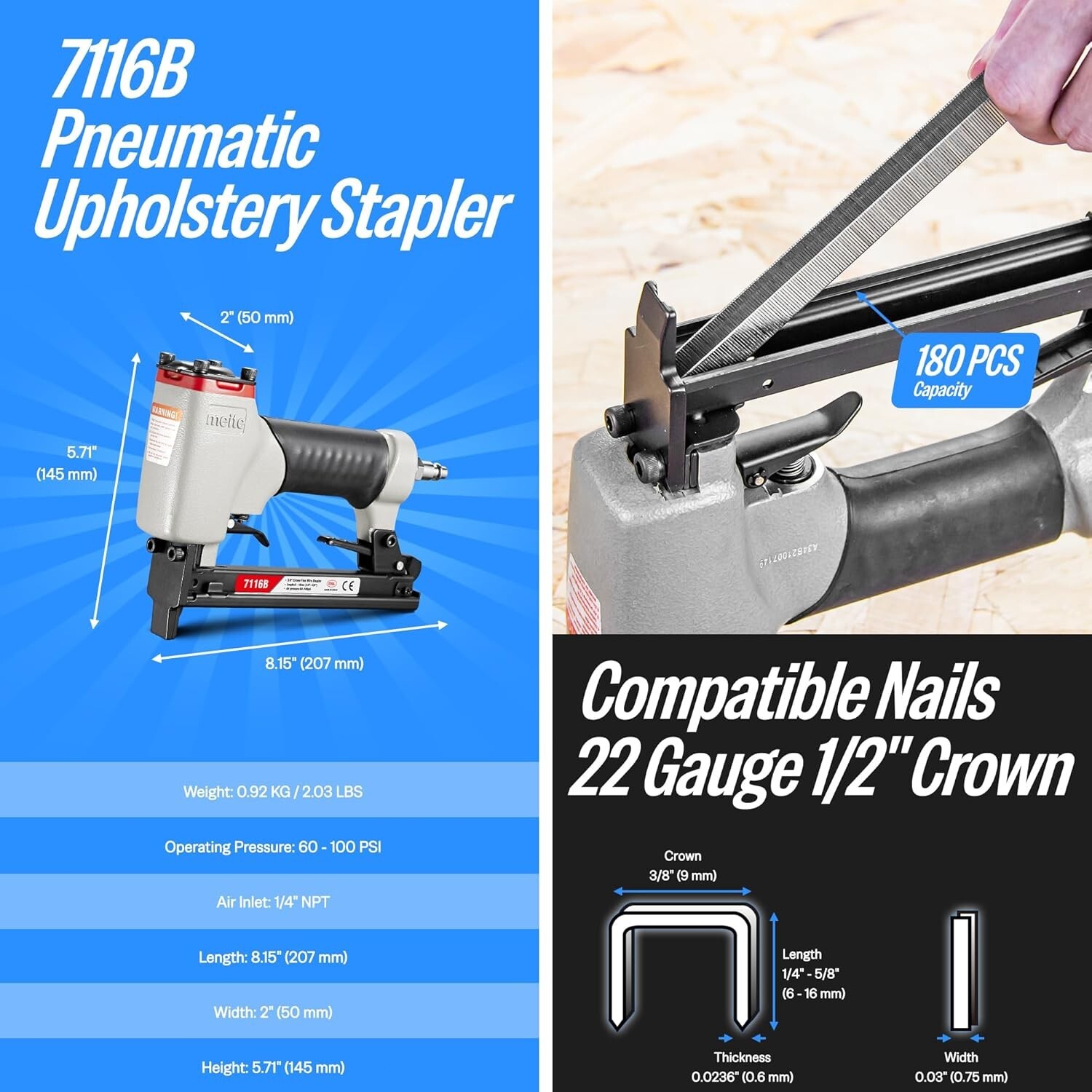 meite 7116B Pneumatic Staple Gun 22 Gauge 3/8" Crown 1/4"-5/8"Upholstery Stapler