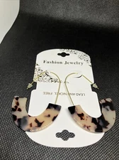 Faux Tortoise Shell Acrylic Half Circle Hoop Drop Long Hook  Gold Tone #1008