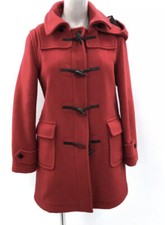 Women Montgomery Red Wool Duffle Coat Hooded Jacket Tartan Lining Size 38