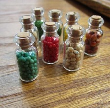 Vintage Dollhouse Miniature Assorted Dry Goods Glass Bottles With Corks GUC