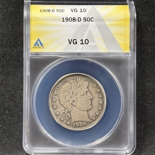 1908-D 50c Barber Half Dollar Denver Very Good Circulated ANACS VG 10