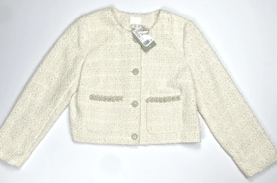 NUEVO CON ETIQUETAS H&M Chaqueta Bouclé Blazer Tweed Crema Perla Estrás Botones Talla Grande Foto 3 de 4