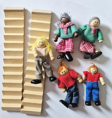 Vintage Holz Puppenhaus Familie Figuren x5 - beweglich biegbar 4,5'' Puppenhaus