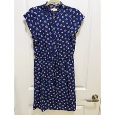 Loft Outlet Navy Blue Geometric Floral Ruffle Neck Button Front Dress Medium