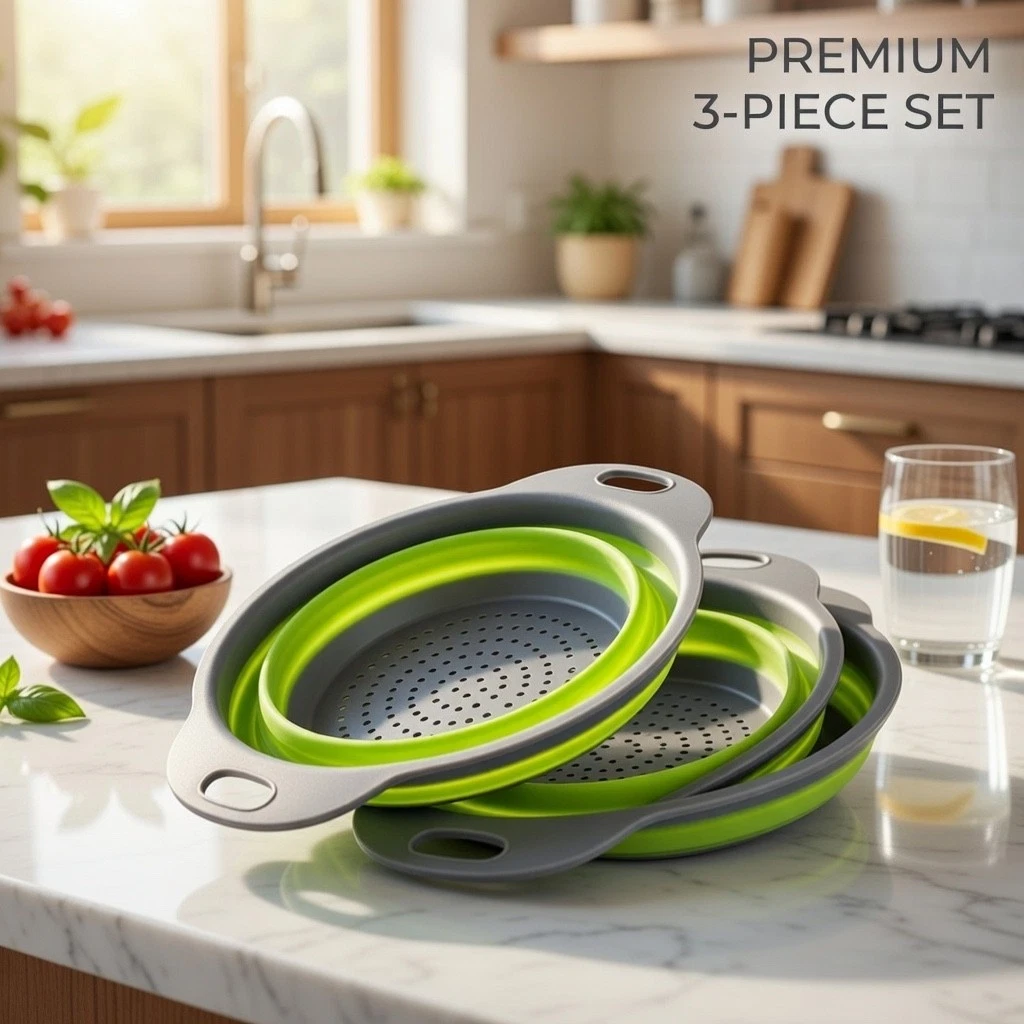 Basket Collapsible Colander Set of 3 Round Silicone Kitchen Strainer