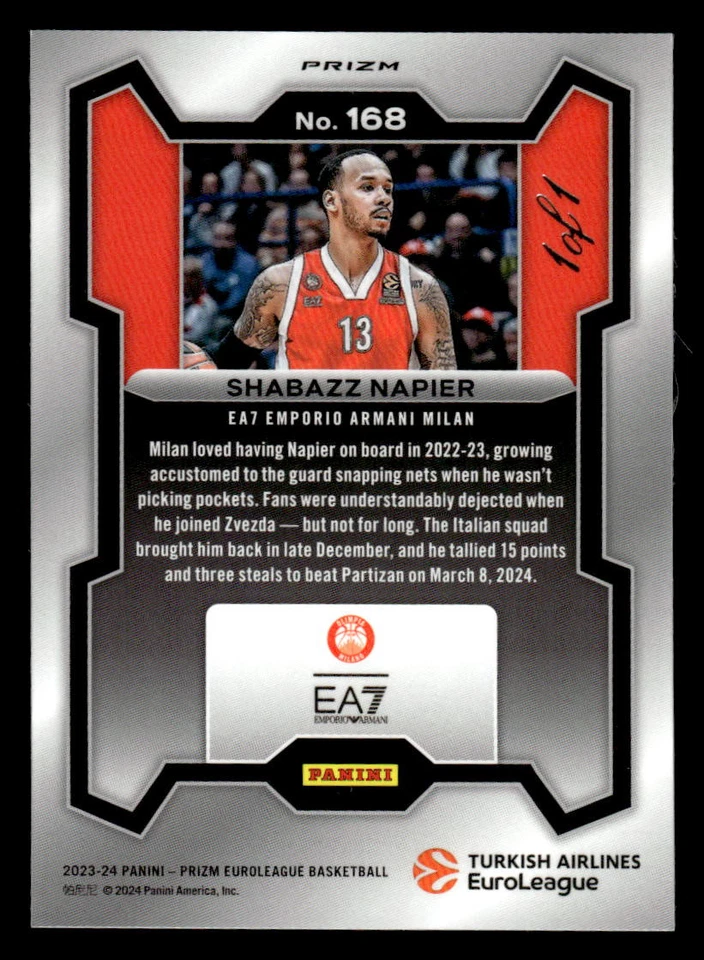 Shabazz Napier 2023-24 Panini Prizm EuroLeague #168 Preto #1/1 - Imagem 2 de 2