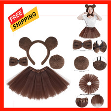 Kids Animal Brown Bear Costume Set Includes Ears Headband Bowtie Tail Tutu Skirt