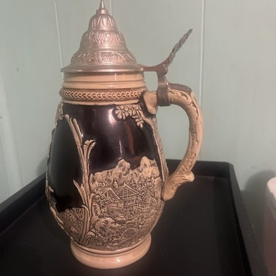 antique german glass lidded beer steins vintage Pewter Lid