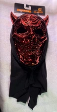 Adult Halloween Devil Mask Red Metallic Finish Plastic  with black head cover