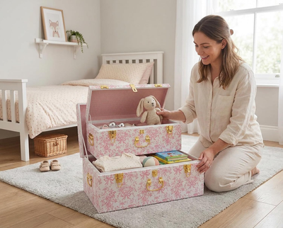 フローラル装飾のピンクキャビネット 002 Floral Decorative Storage Trunk Set of 2 – Pink Metal Keepsake