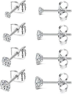 4 Pairs Titanium Earrings Studs for Women Men Ball Cubic Zirconia Earrings 2-...