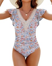 Women's Large Floral V Neck Lace Trim Ruffle Sleeve Ruched One Piece Swimsuit