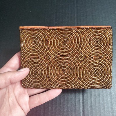 Vintage Brown Beaded Zipper Coin Pouch, Circle Pattern Satin Lined, 4x6 Inch