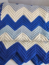 Hand Crochet Afgan Rick Rack Pattern Shades Of Blue And White 44" X 66"