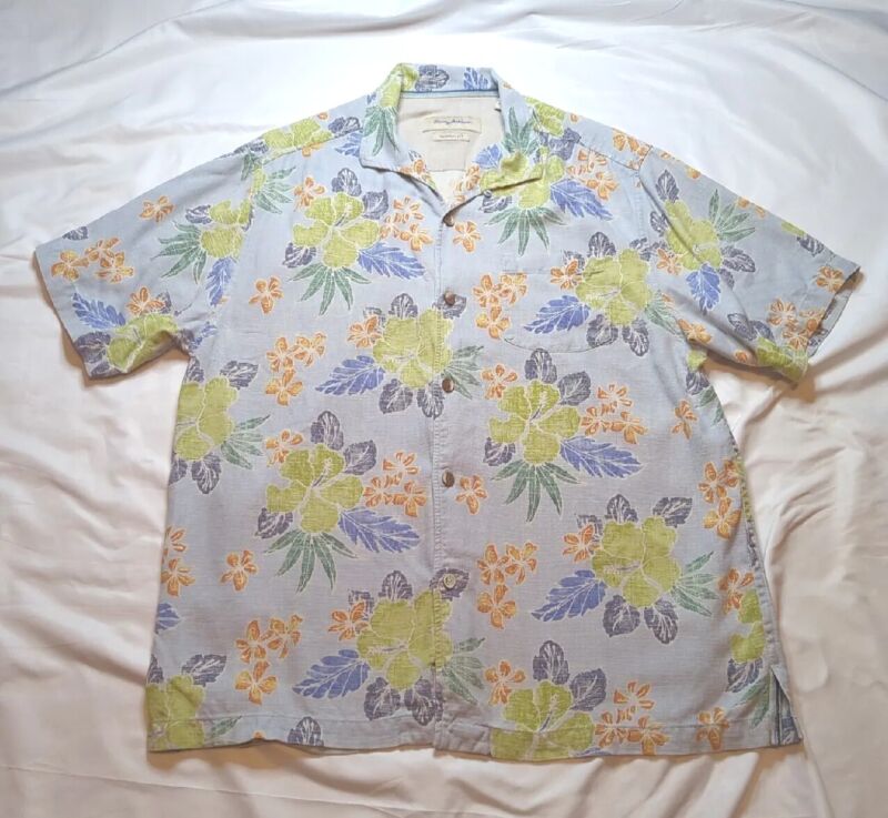 Tommy Bahama Silk Shirt Mens Large Blue Button Floral Short Sleeve Men 