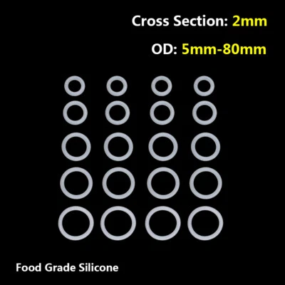 O Rings Seals Washer Cross Section 2mm OD 5mm-80mm Food Grade Silicone White DIY