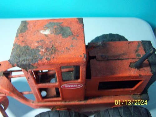 VINTAGE 1970’s TONKA METAL ROAD GRADER TOY ORANGE 17” MR-970 TIRES - Picture 2 of 8