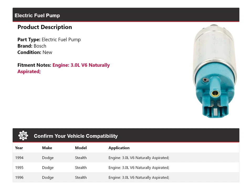 Bomba de combustible eléctrica Bosch de aspiración natural 3,0 L V6 para Dodge Stealth 1994-1996 Foto 2 de 4