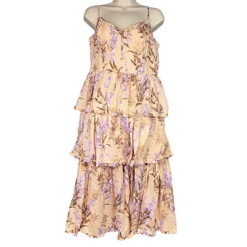 House of Harlow Linen Blend Midi Dress Sz M Pink Floral Tiered Cottagecore Boho - Picture 2 of 13