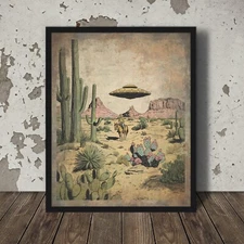 Vintage UFO COWBOY Wall Art, Western Sci-fi Decor, Desert Cactus Alien Poster