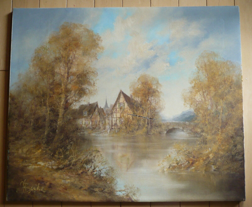 BENDA, SPRING ENGLAND TOWNSCAPE LANDSCAPE VINTAGE OIL CANVAS PAINTING SIGNED - 第 1/16 張圖片