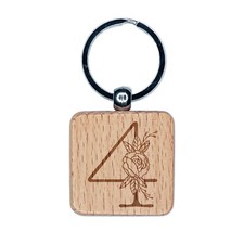 Rose Typewriter Font Number 4 Four Engraved Wood Square Keychain Tag Charm