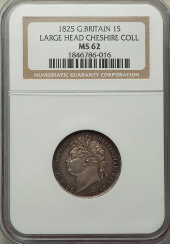 ENGLAND GEORGE IIII 1825 SHILLING COIN, UNCIRCULATED, NGC CERTIFIED MS62