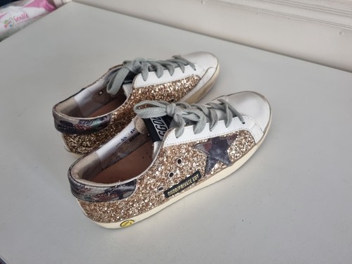 GOLDEN GOOSE SUPERSTAR LTD SNEAKERS GOLD SPARKLE GLITTER WITH CAMO STAR SIZE 35