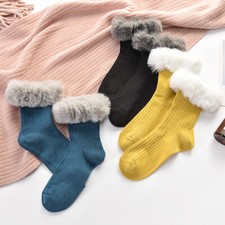 1 Pair Women Boot Socks Faux Fur Top Crew Socks Winter Breathable Comfort Soft