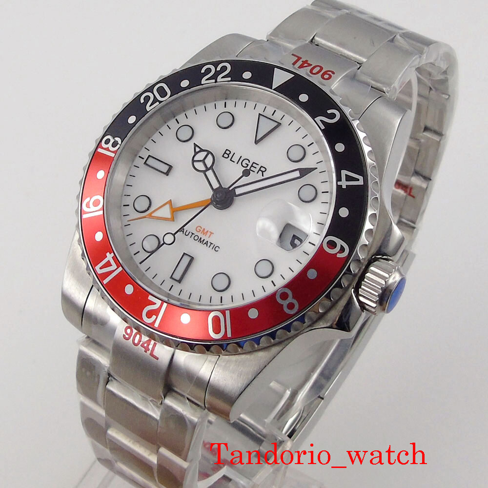 40mm Bligr GMT White Dial Sapphire Glass Automatic Watch Calendar