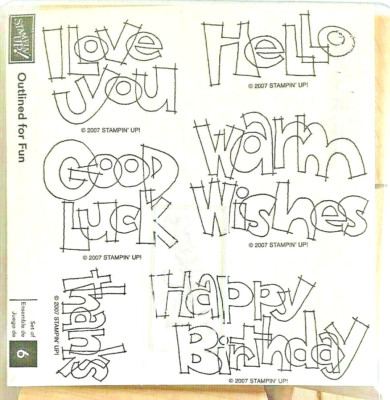 Stampin Up! OUTLINED FOR FUN 2007 Wood Unmounted Unused 6 STAMPS Scrapbook Cards