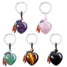 Natural Love Crystal Keyring Heart Shaped 7 Chakra Beads Gemstone Keychain Reiki