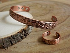 Solid Copper Magnetic Bracelet Ring Set Arthritis Men Women Cuff Ring Set Floral