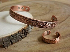 Solid Copper Magnetic Bracelet Ring Set Arthritis Men Women Cuff Ring Set Floral
