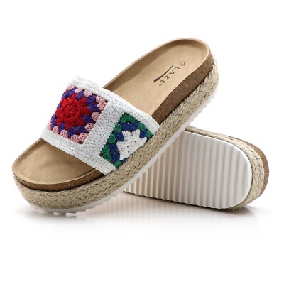 Glaze Women's Crochet Platform Sandals Floral Pattern Espadrille Wedge Slides