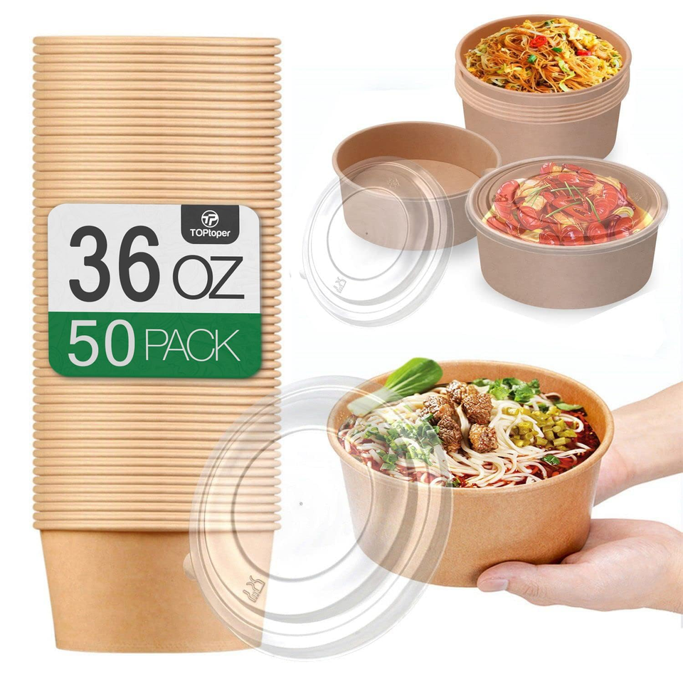 36Oz 50Pcs Large Paper Bowls with Lids, Disposable Soup Serving Bowls