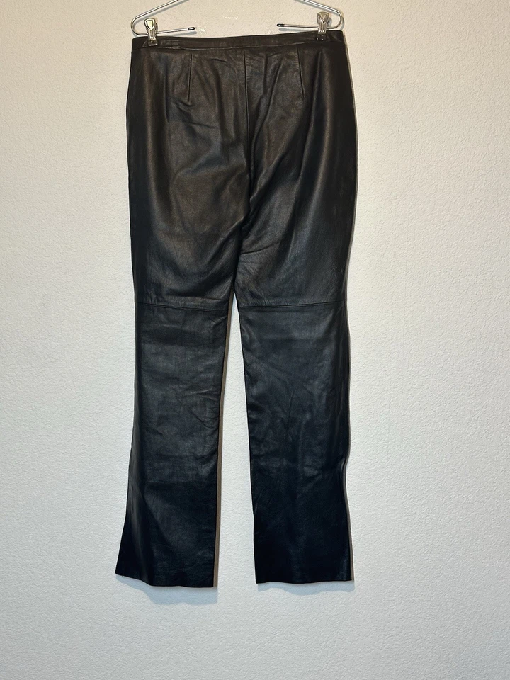 Max Azria Womens Size 10 Pant Black Leather Straight Leg Raw Hem 31x31 - Image 2 of 4