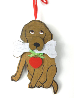 Vtg Kurt Adler Dog Ornament Puppy Wooden Heart Bone 1990 4 Inch