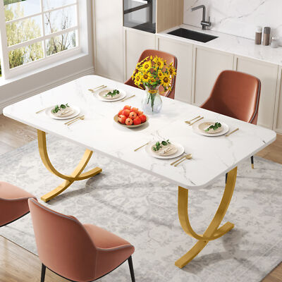 63'' White Dining Table Modern Faux Marble Dining Room Table Small Kitchen Table