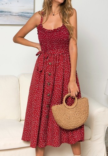 Polka Shirred Strappy Summer Women Sun Dresses Dress Midi Dot Party Beach - Picture 7 of 24