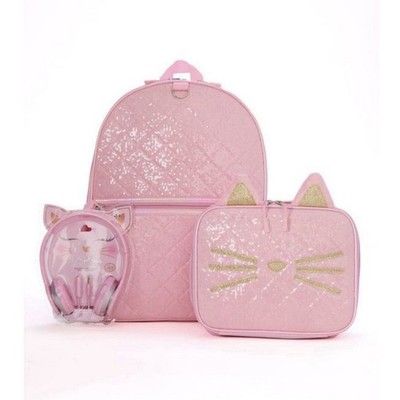 Locker Club Pink Cat Backpack 4pc Set with Lunch Bag Pencil Pouch Headphones
