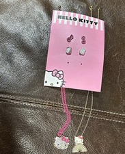 Hello Kitty Sanrio Pave Pendant Necklace 16" 3" Chain, Rainbow And 2 PRs Earring