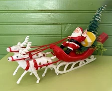 Plastic Santa Claus Sleigh Reindeer 12" Vintage Hong Kong Christmas Centerpiece