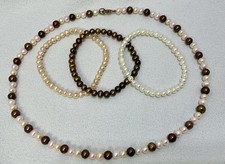 Freshwater Champagne,Pink, Brown Pearl 18 Inch Necklace 3 Elastic Bracelets