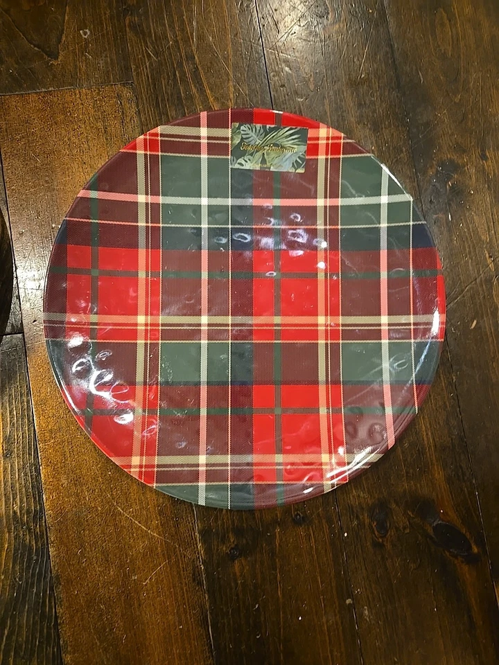 "1 plato redondo Tommy Bahama 14"" bandeja para servir tartán a cuadros melamina de Navidad" Foto 3 de 4