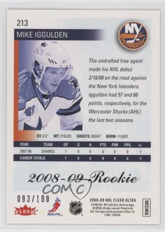 2008-09 Fleer Ultra Ice Medallion /100 Mike Iggulden #213 Rookie RC - Image 2 of 2