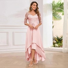 A-line Mother of The Bride Dress Lace Appliques V-Neck Hi-Lo Tiered Pleat Robes