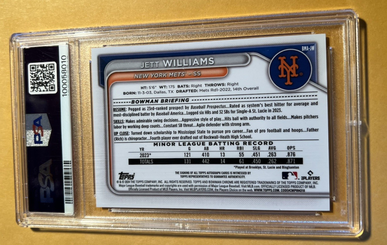 2024 Bowman Chrome Mega Jett Williams Orange Auto PSA 10 (#4/25) METS/BREWERS view 2