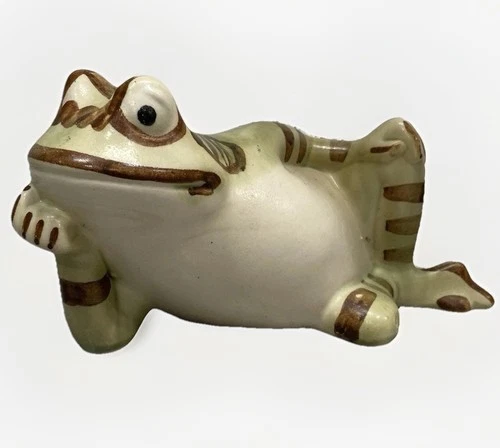 Brush McCoy Reclining Frog Figurine 10” Vintage Art Pottery Green Brown
